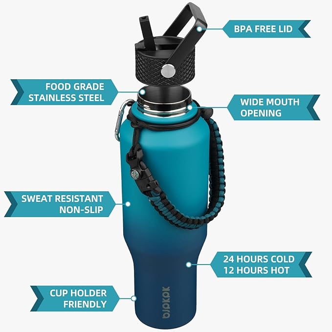 BJPKPK Insulated Water Bottles with Straw Lid, 35oz Metal Water Bottle with 2 lids & Paracord Strap, Double Wall Stainless Steel Vacuum Tumblers, Cups, Mugs, Thermo for Hot& Cold Drinks, Sea