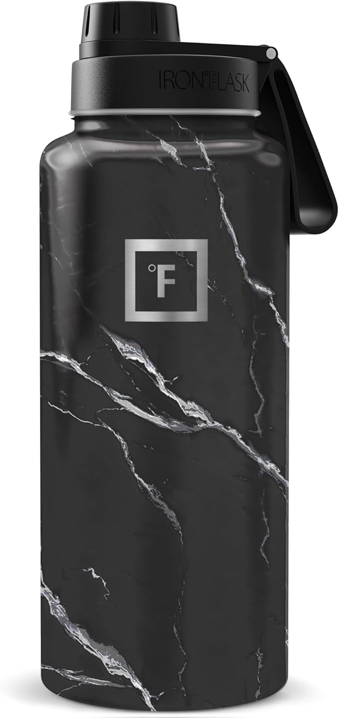 IRON °FLASK Camping & Hiking Hydration Flask with Spout, Wide Mouth Insulated Stainless Steel Sports Water Bottle - Black Marquina 32 oz - Spout (1 Lid)