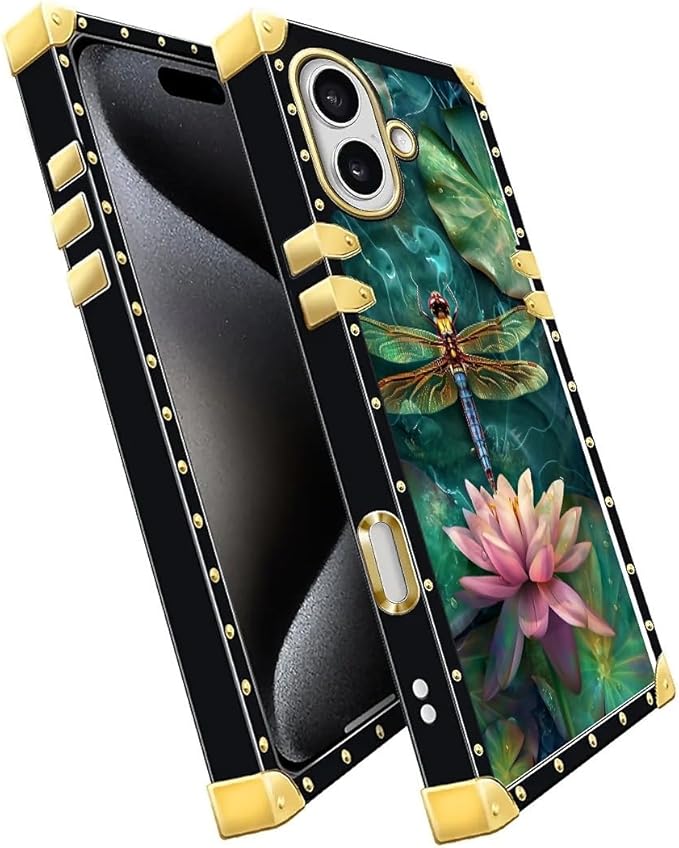 for iPhone 17 Case Luxury Golden Decoration for Girl Women Soft TPU Shockproof Protective Hard PC Back for iPhone 17 Crazy Pattern Colourful Dragonfly Pink Lily Pads