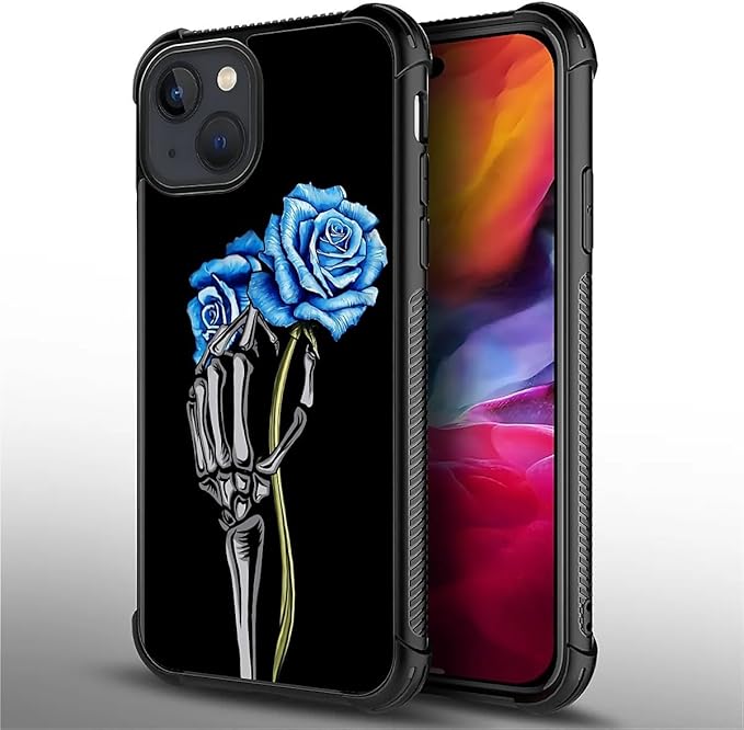 for iPhone 15 Case, Skeleton Holding Blue Rose Pattern Graphic Design Girl Boy Soft Silicone Hard Acrylic Shock Protection for iPhone 15