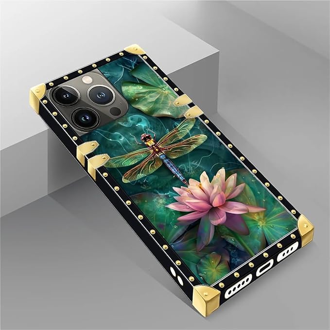 Compatible with iPhone 14 Pro Case, Colourful Dragonfly Pink Lily Pads Luxury Golden Decoration for Girl Women Soft TPU Shockproof Protective Hard PC Back for iPhone 14 Pro