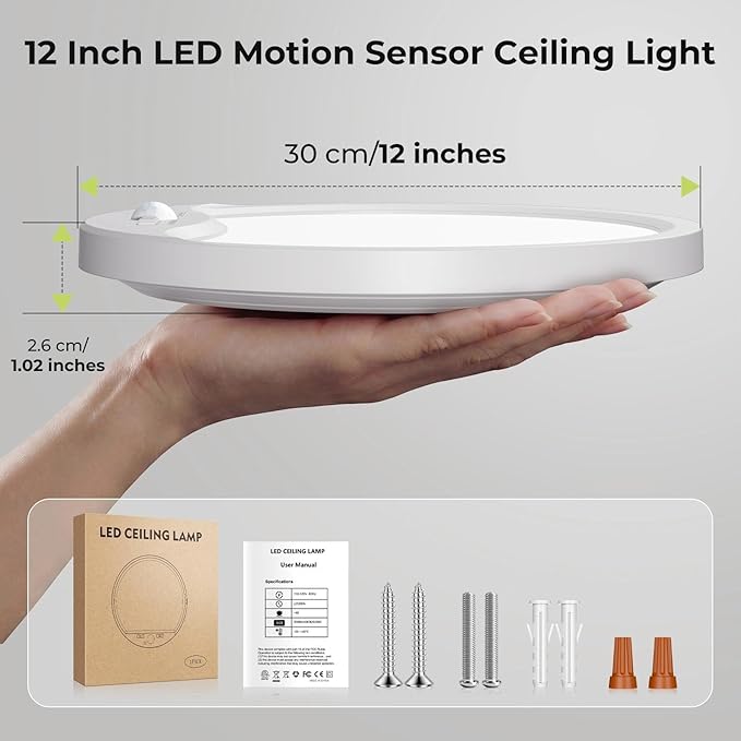hepside Motion Sensor Ceiling Light Wired, 3000K/4000K/6500K LED Flush Mount Ceiling Light Fixture, 12Inch 24W Motion Sensor Light with Timer for Closet Stair Porch Hallway Pantry,White