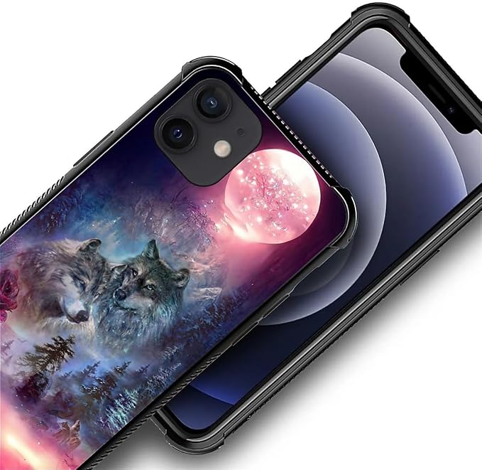 for iPhone 11 Case, Star Two Wolfs Howling Pattern Graphic Design Girl Boy Soft Silicone Hard Acrylic Shock Protection for iPhone 11