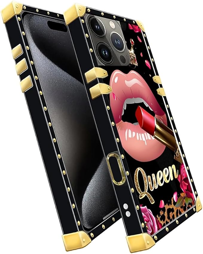 Compatible with iPhone 16 Pro Max Case, Glitter Red Rose Queen Leopard Lipstick Luxury Golden Decoration for Girl Women Soft TPU Shockproof Protective Hard PC Back