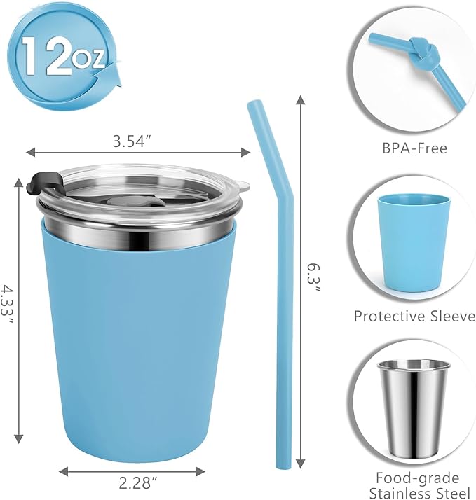 Kids Cups with Straws and Lids Leak Proof, 12oz Stainless Steel Cups for Kids Toddlers, Spill Proof Cup Stainless Steel Kid Cup with Lids for Home School, Outdoor, 4 Pack