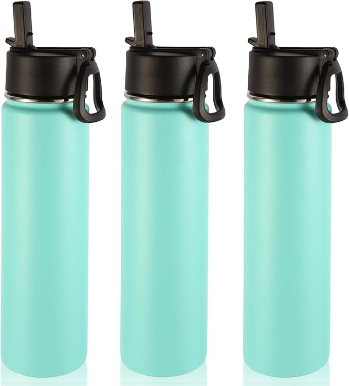 Volhoply 24oz Insulated Water Bottle With Straw Bulk 3 Pack,Metal Wide Mouth Water Bottles With Handle Lid Keep Cold,Reusable Double Wall Cups,Powder Coated Sport Bottle For Holder(Mint,3 Count)