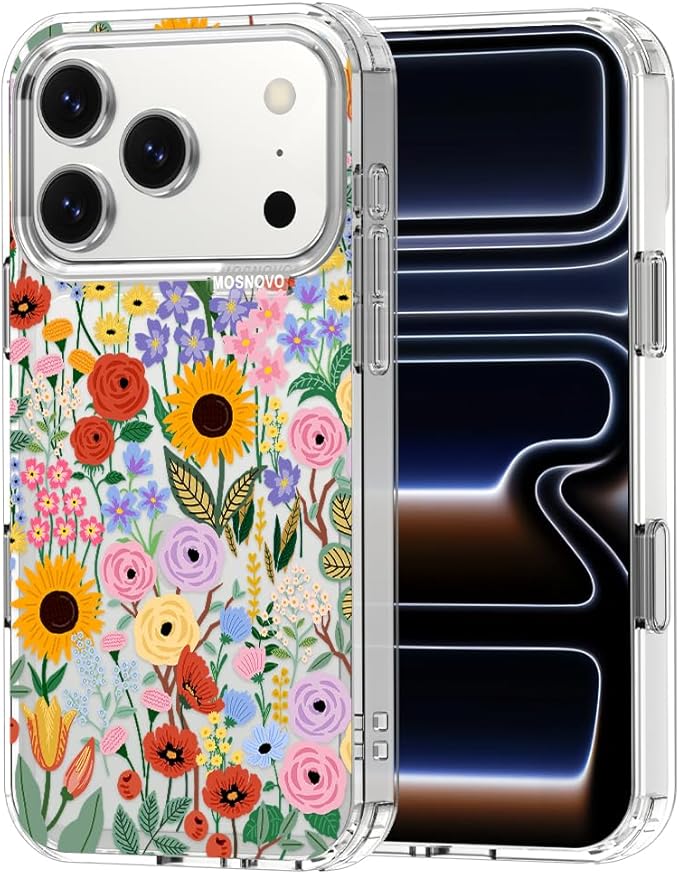 MOSNOVO for iPhone 17 Pro Case | Military Grade 6.6ft Drop Tested | Camera Control | Clear with Blossom & Bloom Design