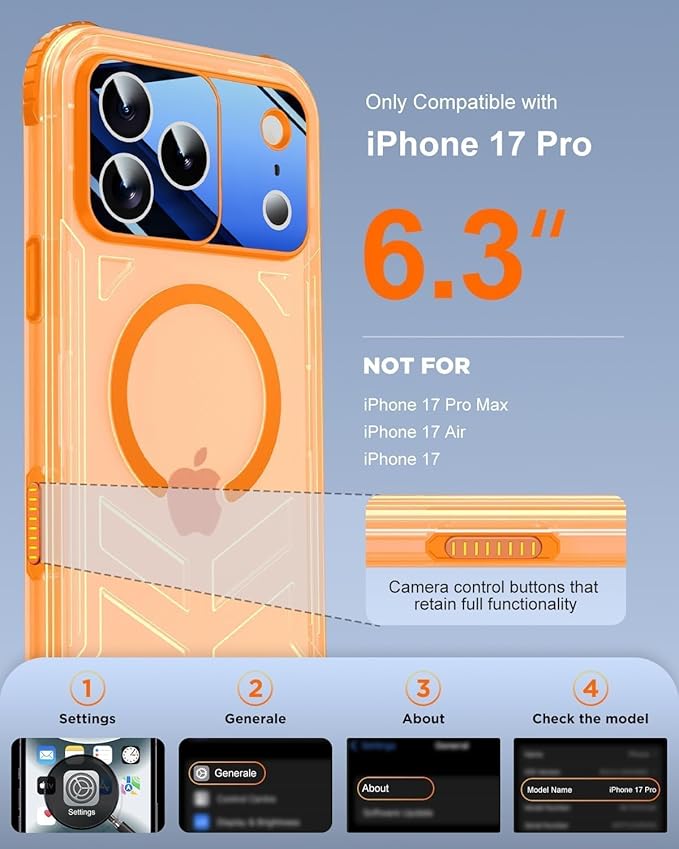 for iPhone 17 Pro Waterproof Case with Magsafe, Built-in [Camera & Screen Protector] [Lanyard], IP68 Water Proof Full Body Dustproof Heavy Duty Frosted Protective Phone Cover, 6.3" Orange