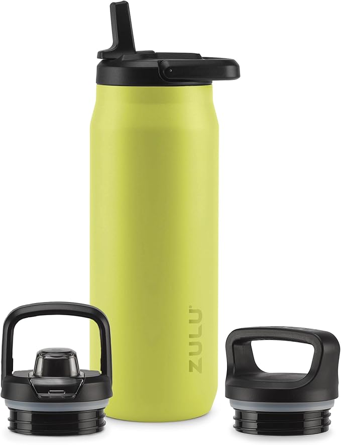 ZULU Base 32oz Stainless Steel Water Bottle with 3 Lids- Straw, Chug, Twist | Double Walled and Vacuum Insulated Metal Thermos | For Gym, Outdoor | Built in Carry Loop, Dishwasher Safe, Guac