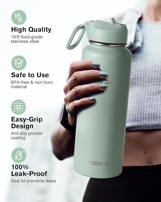 Coolflask Water Bottle 40 oz Insulated with Straw, Stainless Steel Metal 3 Lids Water Flask for Sports or Office, Keep Cold 48H Hot 24H, Grey Green