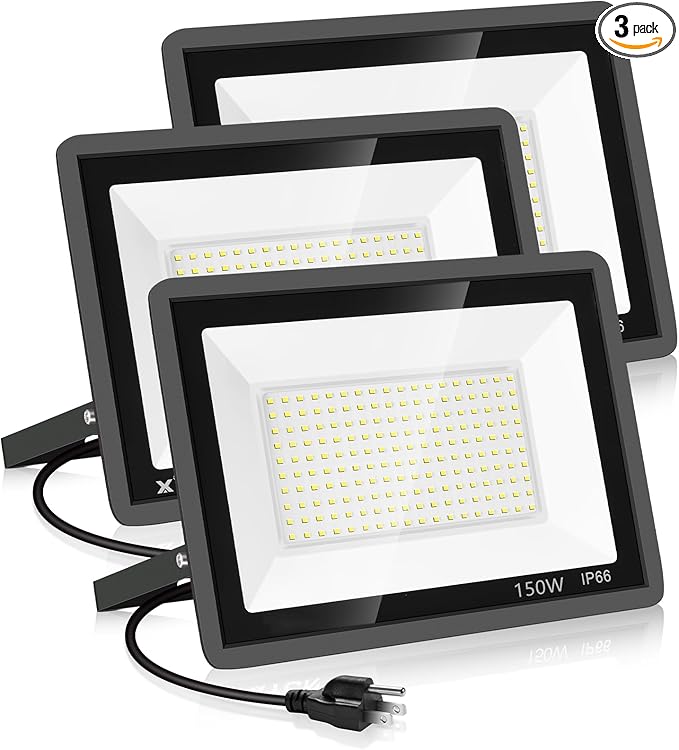 YANYCN 3 Pack 150W LED Flood Light Outdoor,Super Bright Exterior Security Light with Plug,IP66 Waterproof Flood Light, 15500LM 5000K Daylight White Floodlight for Yard, Garden,Basketball Court, Arena