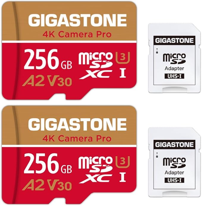 【5-Years Data Recovery】 GIGASTONE 256GB Memory Card 2 Pack 4K Pro Camera Compatible with GoPro Switch, Speed 100MB/s. A2 U3 V30 Micro SDXC Card with SD Adapter.