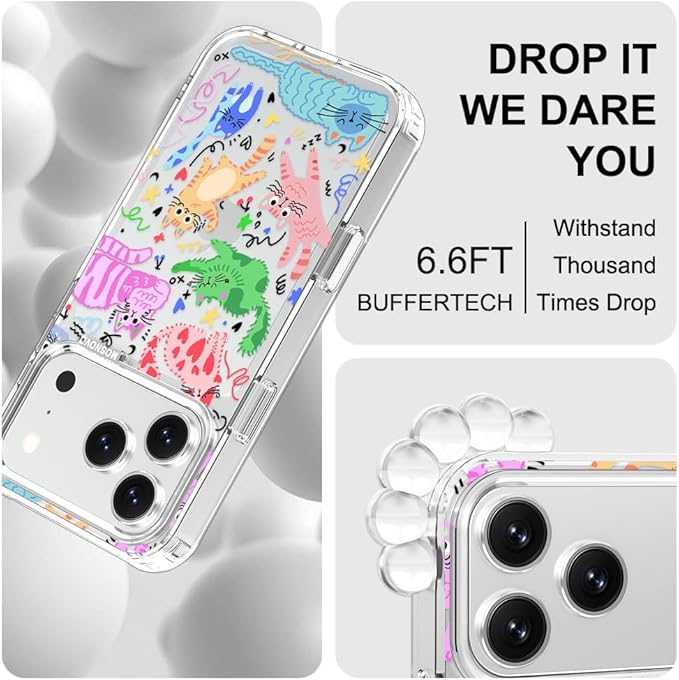 MOSNOVO for iPhone 17 Pro Case, Shockproof Military-Grade Protection 6.6ft Drop Tested, Camera Control, Clear Phone Case for iPhone 17 Pro, Doodle Cats Design