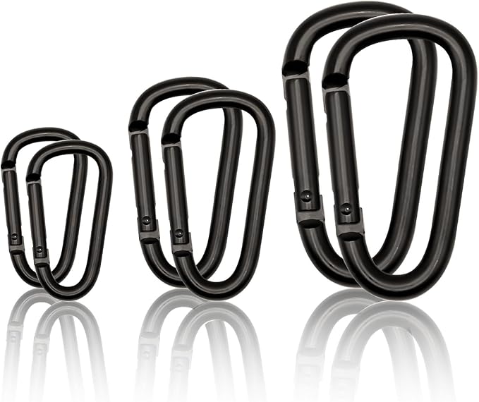 Black Carabiner Clip, Includes Mini 2 Inch Carbineers, Small 2.3" D Ring Clip, Large 3 Inch Carabiner Heavy Duty, Aluminum Caribiner Keychain Hook for Backpack Hiking Camping