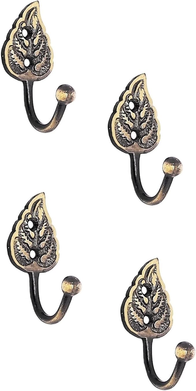 FAPBADRI Multipurpose Hooks, Used to Hang Clothes, Bags, Coats, Curtain Hold Backs, Keys, Colour - Antique Gold, Material - Brass, Leaf Design, Screws and Wallplugs Included, Pack of 4 Pieces
