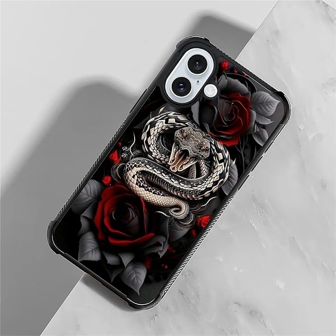 for iPhone 16 Plus Case, Entwined Rose Snake Pattern Graphic Design Girl Boy Soft Silicone Hard Acrylic Shock Protection for iPhone 16 Plus