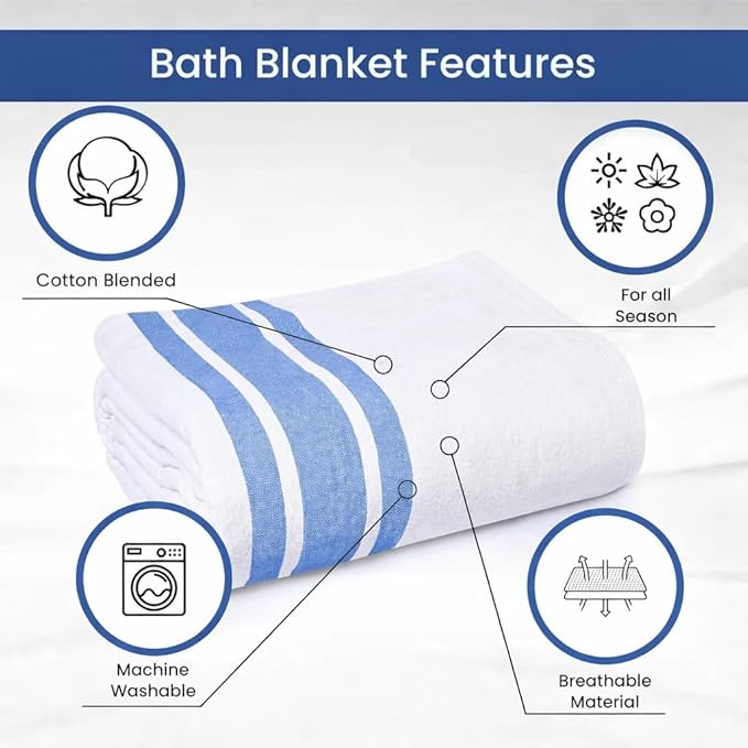 Linteum Textile Cotton Blended Hospital Patient Bath Blanket, Bed Bath Sheet, Twin Blanket Lightweight Sheet Blankets 70x90 in, 1.75 lb. White with Blue Stripes [2 Pack]
