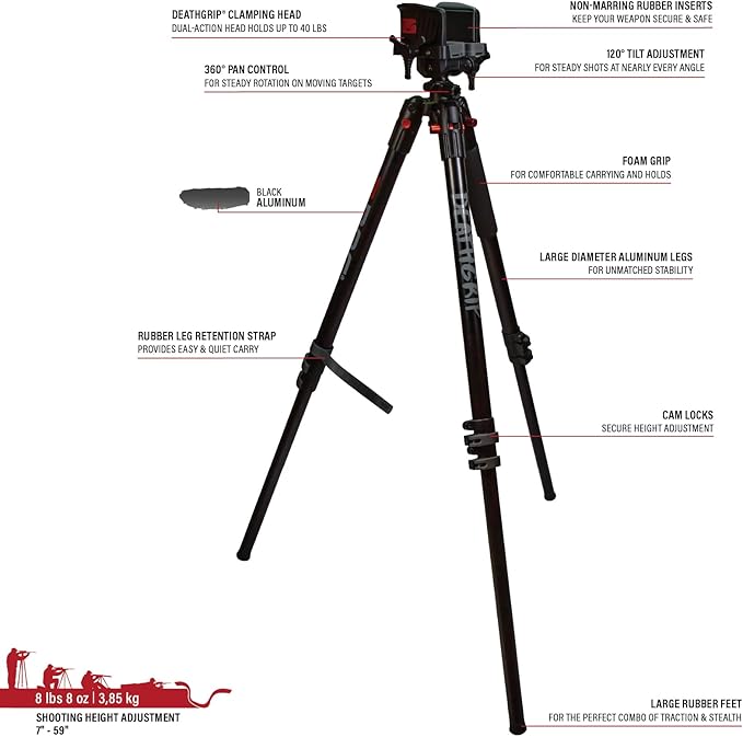 BOG DeathGrip Aluminum Tripod with Durable Frame, Lightweight, Stable Design, Bubble Level, Adjustable Legs, Shooting Rest, and Hands-Free Operation for Hunting, Shooting, and Outdoors