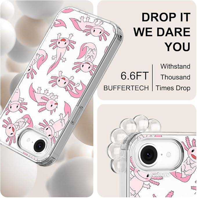 MOSNOVO for iPhone 17e Case/iPhone 16e Case, Shockproof Military-Grade Protection 6.6ft Drop Tested, Clear Phone Case for iPhone 16e / iPhone 17e, Pink Axolotl Design