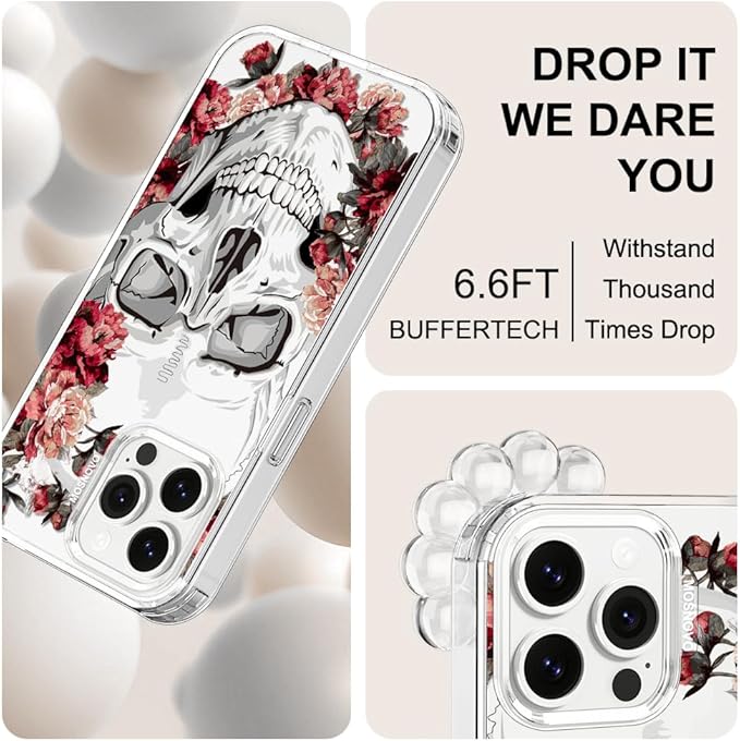MOSNOVO Case for iPhone 13 Pro Max, [Buffertech 6.6ft Military-Grade Drop Protection] [Anti Peel Off Tech] Clear TPU Bumper Phone Case Cover Design - Red Flower Skull