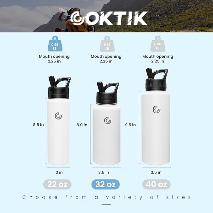COKTIK 32oz Sports Water Bottle, Stainless Steel Water Bottle for Insulated, Reusable Travel Bottle, With Straw, With Handle Grip for Easy Carrying, Suitable for Cycling, Outdoor Vacations(White)