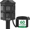 TiFFCOFiO Outdoor Power Strip with Stake Waterproof, 60 FT Extension Cord, 6 Grounded Outlets for Outdoor Lights, 14 AWG, 15A/1875W, ETL Listed