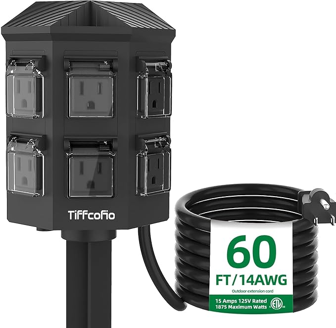 TiFFCOFiO Outdoor Power Strip with Stake Waterproof, 60 FT Extension Cord, 6 Grounded Outlets for Outdoor Lights, 14 AWG, 15A/1875W, ETL Listed