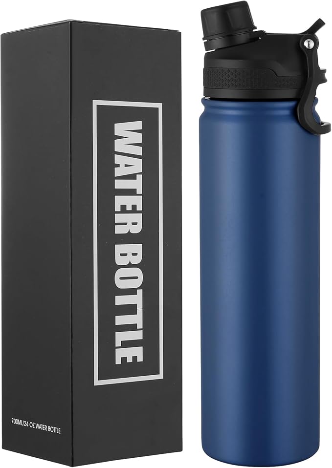 Insulated Water Bottle 24oz, Stainless Steel Double Wall Vacuum Sports Flask with 2-in-1 Straw & Chug Lid, BPA-Free, Leak Proof, Keeps Cold 24H for Travel Gym School