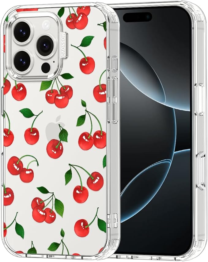 MOSNOVO Case for iPhone 16 Pro Max, [Buffertech 6.6ft Military-Grade Drop Protection] [Anti Peel Off Tech] Clear TPU Bumper Phone Case Cover Design - Cute Cherry