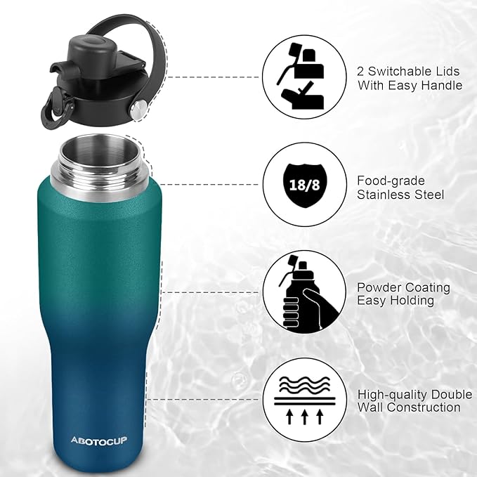 ABOTOCUP Insulated Water Bottle 32oz with Straw/Spout Lids, Stainless Steel Water Bottles Keep Cold 24h&Hot 12h, Metal Water Bottle with Straw that Fits in Cup Holder, Water Bottle Leak-proof,BPA Free