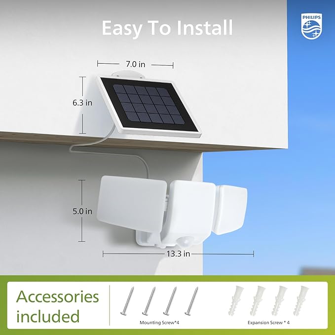 Philips 3600LM Solar Security Lights, 5000K Waterproof Dimmable LED Motion Sensor Outdoor Lights, 3 Adjustable Heads w/16ft Cable, Separate Solar Panel with 3 Modes Solar Flood Lights for Yard, Garage