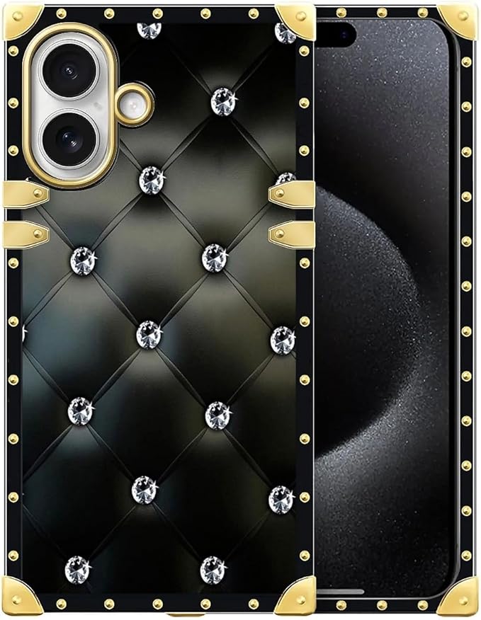 for iPhone 17 Case Luxury Golden Decoration for Girl Women Soft TPU Shockproof Protective Hard PC Back for iPhone 17 Crazy Pattern Shiny Black Sofa Crystal
