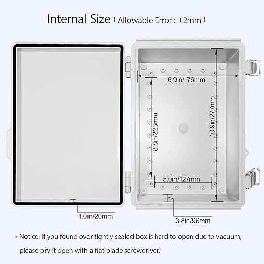 LeMotech Electrical Box, IP67 Waterproof Hinged Cover Stainless Steel Latch Junction Box, ABS Plastic Electrical Enclosure with Mounting Plate,Wall Brackets, Cable Glands,11.8"x7.7"x5.2",Grey