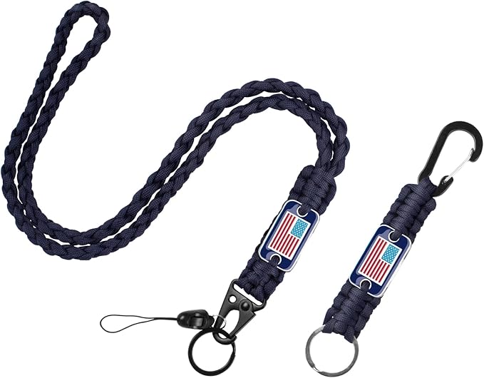 2 Pcs Stylish and Durable Lanyard for Keys - Heavy Duty Paracord Neck Lanyard with USA Flag Design for Wallets, Whistles, Cameras, and Phones - Perfect for Outdoor Activities[Navy Blue]