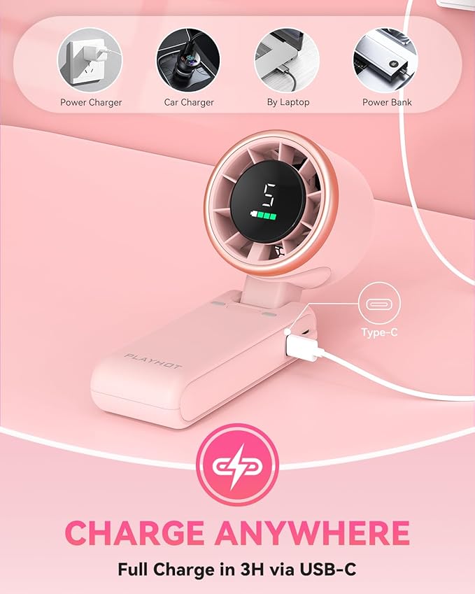 PlayHot Portable Handheld Turbo Fan, 5-Speed Personal Fans, 5000mAh Rechargeable Fans Up to 12 Hours, Weight only 0.6lb Small Fan, Hand/Neck/Desk Fan 3 IN 1, Beach Vacation Essentials(Pink)