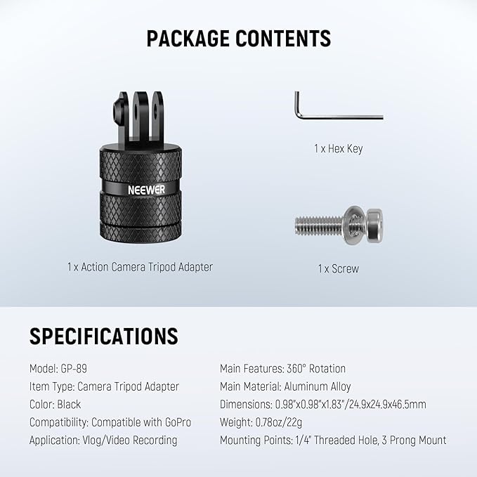 NEEWER Action Camera Tripod Mount Adapter Compatible with GoPro Hero 13 Go Pro 12 11 10 9 Black DJI Osmo Action 5 Pro 4 3, 360° Swivel 1/4"-20 to 3 Prong Mount for Standard 1/4 Accessories, GP-89