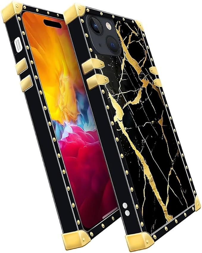 Compatible with iPhone 15 Case, Black Gold Marble Nature Luxury Golden Decoration for Girl Women Soft TPU Shockproof Protective Hard PC Back for iPhone 15
