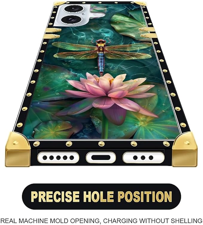 Compatible with iPhone 16 Case, Colourful Dragonfly Pink Lily Pads Luxury Golden Decoration for Girl Women Soft TPU Shockproof Protective Hard PC Back