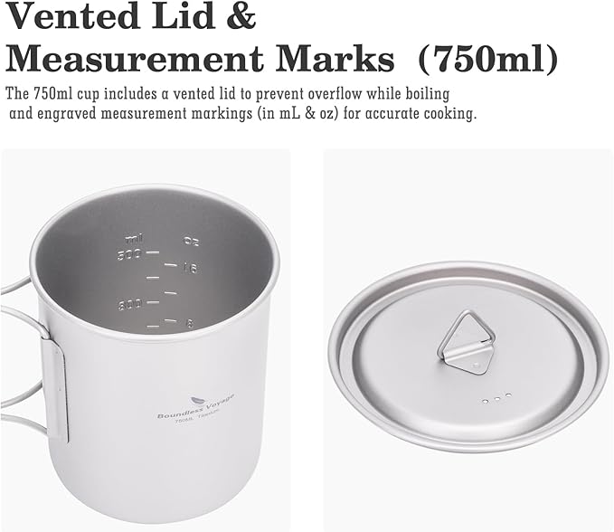 Boundless Voyage Titanium Camping Mug with Lid 300ml 450ml 750ml Lightweight Folding Handle Cup for Outdoor Backpacking Hiking Travel Durable Portable (750ml)