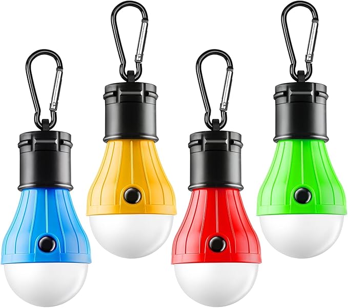 FLY2SKY Portable LED Tent Lamp, Clip Hook Hurricane Emergency Light Bulb, Camping Equipment Lanterns for Hiking, Backpacking Outage, B-CLOSED-HOOK, 4 Packs