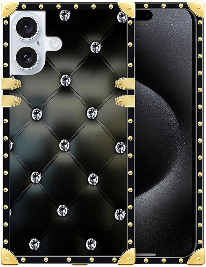 Compatible with iPhone 16 Plus Case, Shiny Black Sofa Crystal Luxury Golden Decoration for Girl Women Soft TPU Shockproof Protective Hard PC Back