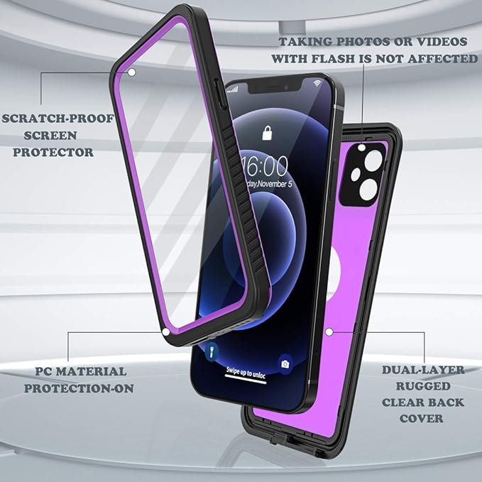 Diverbox for iPhone 12 Waterproof Case,Waterproof Shockproof Dustproof IP68 Full-Body Hard Case Built-in Screen Protector Underwater Outdoor Waterproof Cover for iPhone 12,6.1 in (Purple)