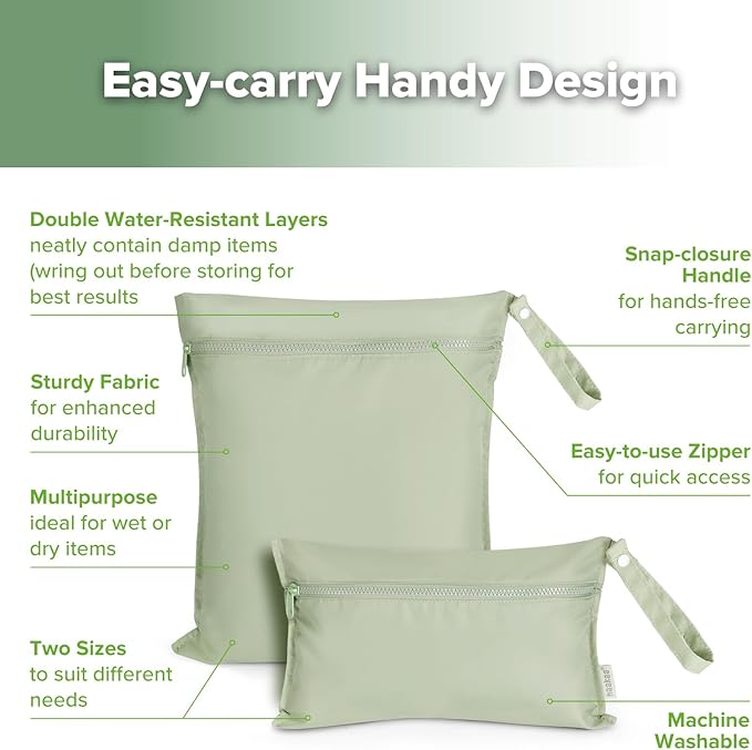haakaa Waterproof Wet Bags for Baby Wet Dry Bags for Cloth Diaper, Swimsuit & Travel, 2pcs, Grass