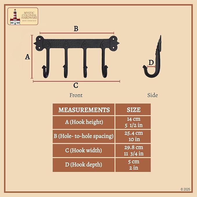 Mystic Colonial Medieval Rustic Hand-Forged Iron Wall Mounted Coat Rack (1 Pc, 4 Hooks) (5 in x 11 in) | Vintage Black Finish Heavy-Duty Utility Hanger for Coats, Towels, Keys & Bags