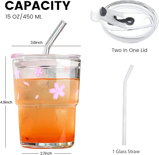 Iced Coffee Cup, 15Oz/450ml Glass Cups With Lids And Straws, Iced Coffee Glasses Tumbler, Thick Wall Mug For Tea Water With Glass Straw, Coffee Cute Tumbler Gifts (Pink)