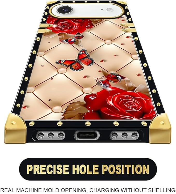 for iPhone 17 Air Case Luxury Golden Decoration for Girl Women Soft TPU Shockproof Protective Hard PC Back for iPhone 17 Air Crazy Pattern Shining Red Rose Butterfly Leather Background