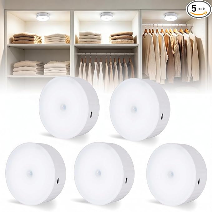 5Pack Under Cabinet Lighting, 2000mAh Rechargeable LED Puck Lights, Magnetic Closet Lights, Wireless Under Counter Lights for Kitchen, Stairs