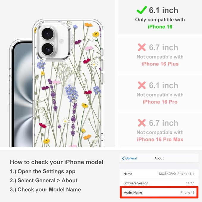 MOSNOVO Case for iPhone 16, [Buffertech 6.6ft Military-Grade Drop Protection] [Anti Peel Off Tech] Clear TPU Bumper Phone Case Cover Design - Floral Garden