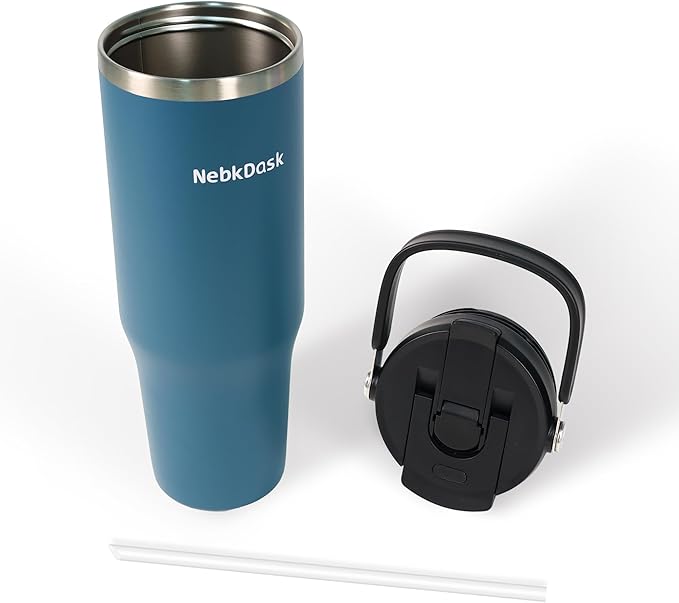 40 oz Insulated Stainless Steel Bottle with 2-in-1 Straw and Spout Lid, Water Bottle with Carry Handle Keep Cold 24H, Leak-Proof, Fits in Car Cup Holder, Travel, and School（Blue）