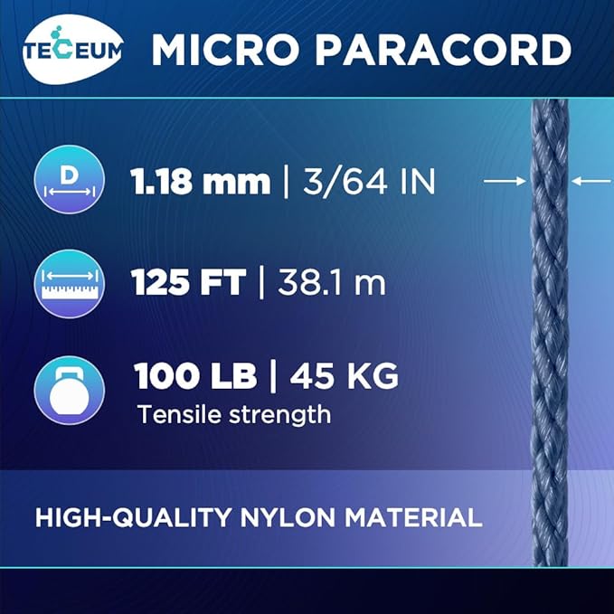 TECEUM Micro Paracord – 1.18 mm X 125 ft – Micro Utility Cord – Thin Braided Paracord Rope – Best for Crafting, DIY Projects, Fishing, Camping – Wind Chime Replacement – Survival Strong String